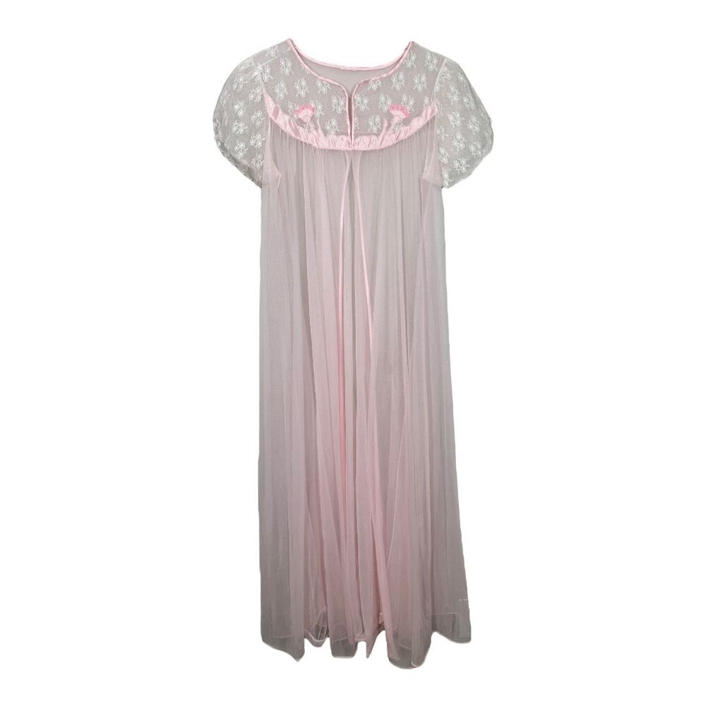 Vintage Pink Chiffon And Lace Peignoir Robe Babydoll Open Front Fairy Sleepwear
